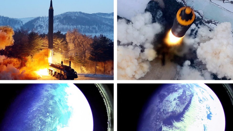 Two pictures of North Korea's missile launch and two of Earth taken from the missile in space