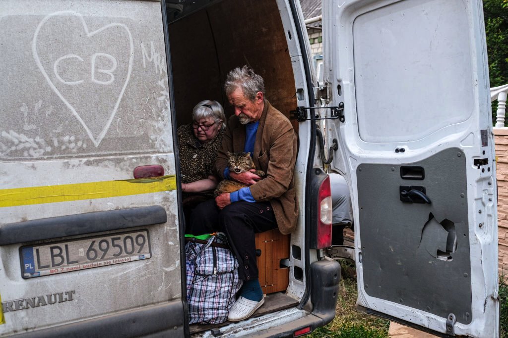 SEVERODONETSK, UKRAINE - 2022/05/25: People from Severodonetsk are seen in a van that will take them to Kramatorsk. Severodonetsk, the largest city under Ukrainian control in Luhansk province, has come under intense artillery and missile strikes from the Russian army. As a result, the city is almost completely isolated from the rest of the region.