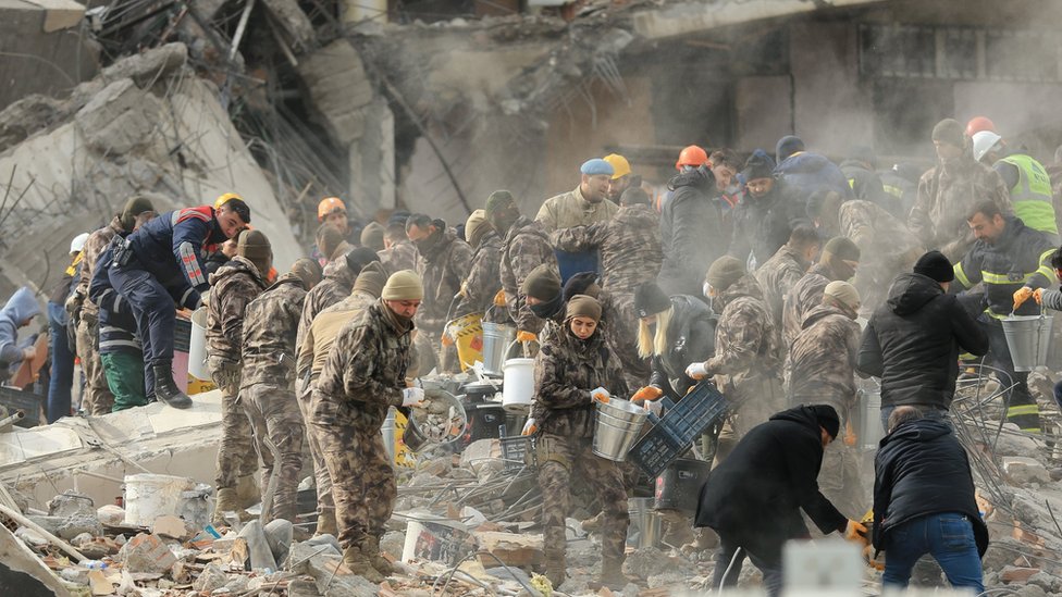 Search and rescue efforts continue on collapsed building after 7.4 magnitude earthquake hits Diyarbakir, Turkiye on February 06, 2023.