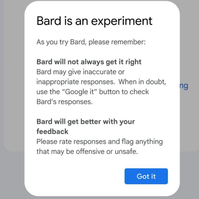 Screenshot reading "Bard is an experiment".