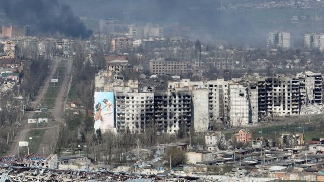 Smoke is seen in this drone footage of Bakhmut amid Russia's attack on Ukraine, in this screen grab obtained from a handout video released on April 15, 2023.