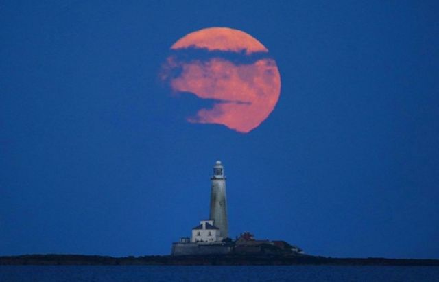 Buck Moon осветила голубое небо, когда она поднялась над маяком Святой Марии в Уитли-Бей, Тайн-энд-Уир, в воскресенье.