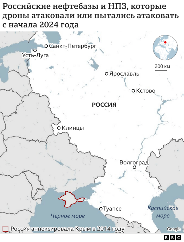 Российские НПЗ и нефтехранилища, подвергшиеся атакам дронов