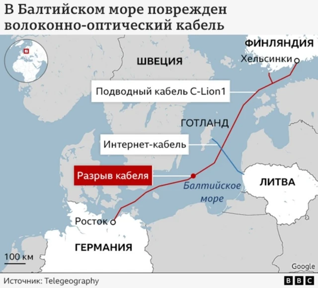 На карте обозначены два подводных кабеля из Литвы в Швецию и из Финляндии в Германию и точки, где они были оборваны