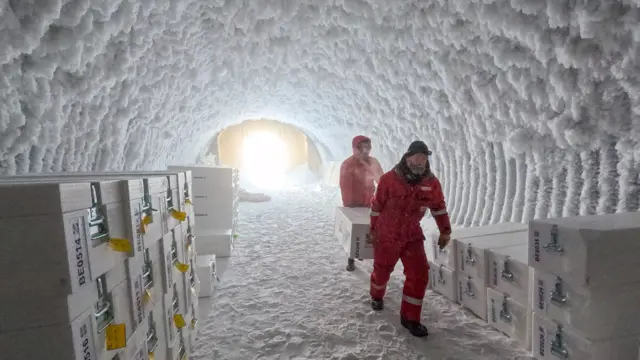 Ученые несут в ледяной пещере ящик с фрагментом ледяного керна