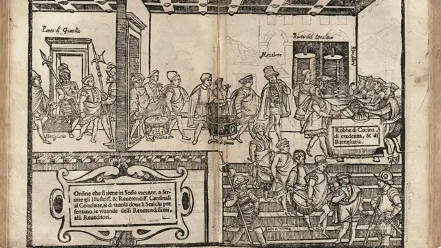 На рисунке 1605 года слуги, стражники и дегустаторы обслуживают трапезничающий конклав и подают пищу к вращающемуся окну.