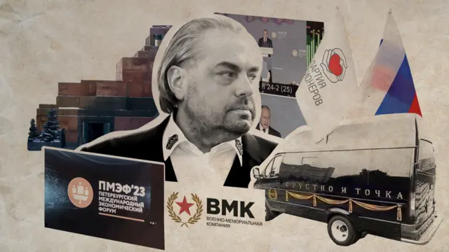 «Приятные люди в приятном внешнем периметре». Светская жизнь в условиях «СВО» на примере одной семейной пары 9 Коллаж: герой статьи на фоне катафалка с надписью "грустно и точка", логотипы Метербургского экономического форума и ВМК