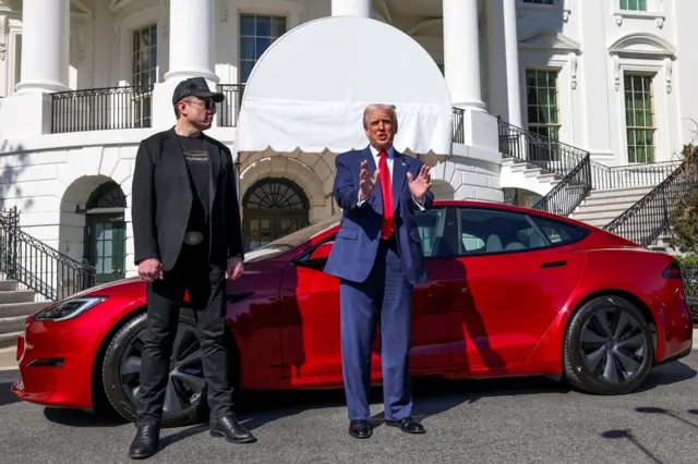 Март 2025 года, Маск и Трамп позируют на фоне красной Tesla, принадлежащей Трампу