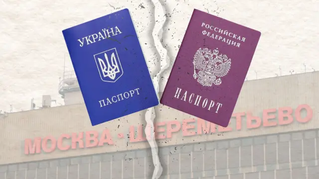 Графика: российский и украинский паспорта на фоне терминала московского аэропорта «Шереметьево», между которыми пролегла трещина