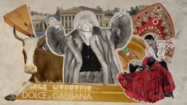 «Приятные люди в приятном внешнем периметре». Светская жизнь в условиях «СВО» на примере одной семейной пары 3 Коллаж: героиня статьи в меховой шубе на фоне балалайки, кокошника, усадьбы и надписи "Дольче и Габбана"