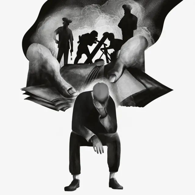 иллюстрация: грустный человек, прикрывший лицо ладонью, и подсчет денег у него за спиной