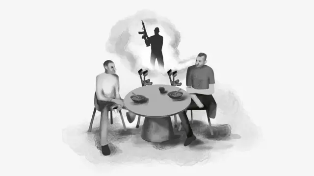 Иллюстрация: люди с ивалидностью и костылями сидят за столом, на заднем плане человек с автоматом в клубах дыма