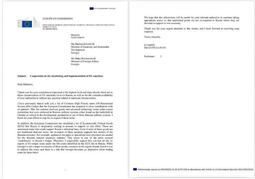 Cпецпредставитель ЕС по санкциям просит Грузию запретить реэкспорт в РФ товаров европейского происхождения 2 screenshot 2025 10 29 203756 новости Грузинская мечта, Грузия-ЕС, Дэвид О’Салливан, санкции ЕС