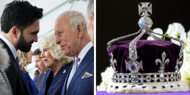 Zohran Mamdani and King Charles (left); and the Koh-i-Noor diamond in the Queen Mother's crown on the right