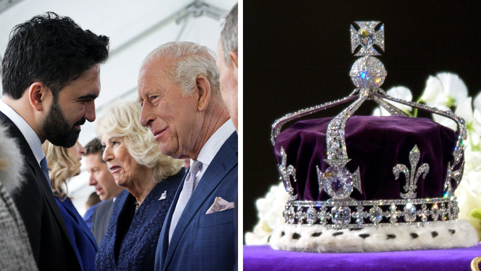 Zohran Mamdani and King Charles (left); and the Koh-i-Noor diamond in the Queen Mother's crown on the right