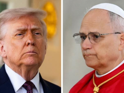 Коллаж из двух портретных фотографий: слева — Дональд Трамп, справа — папа Лев