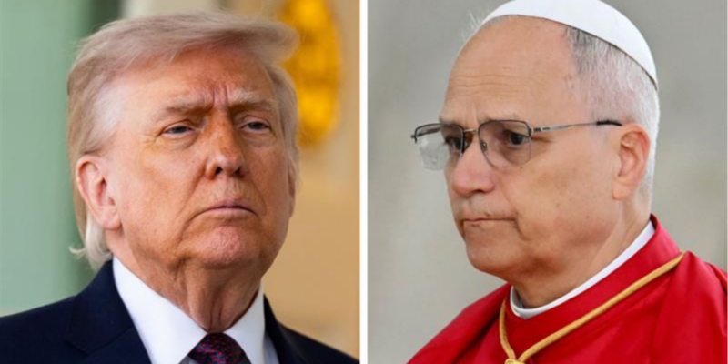 Коллаж из двух портретных фотографий: слева — Дональд Трамп, справа — папа Лев