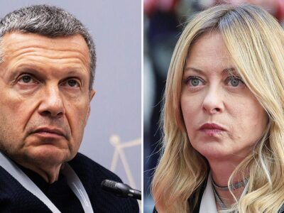 Коллаж из фото Владимира Соловьева и Джорджи Мелони. У Соловьева короткие седые волосы и карие глаза. У Мелони белокурые длинные волосы и голубые глаза.