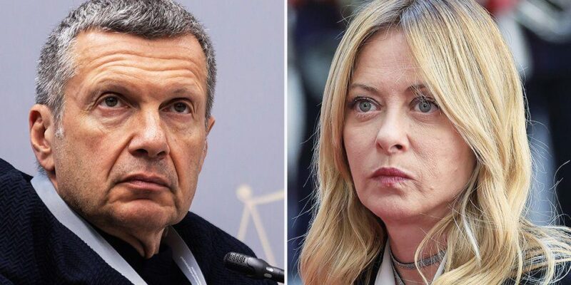 Коллаж из фото Владимира Соловьева и Джорджи Мелони. У Соловьева короткие седые волосы и карие глаза. У Мелони белокурые длинные волосы и голубые глаза.