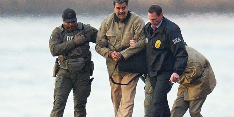 Николас Мадуро в наручниках после приземления на вертолетной площадке в Манхэттене; его сопровождают вооруженные федеральные агенты, которые ведут его к бронированному автомобилю по пути в федеральный суд Манхэттена