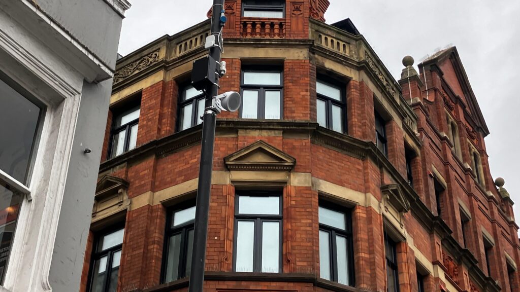 Image shows a speaker on a lamppost, which plays classical music to deter youths in Liverpool