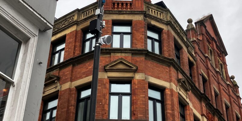 Image shows a speaker on a lamppost, which plays classical music to deter youths in Liverpool