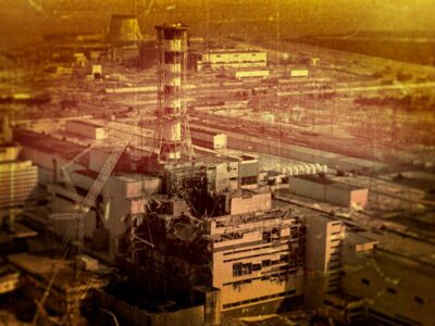 Чернобыльская АЭС с разрушенным четвертым реактором