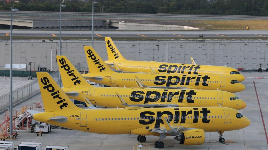 Лайнеры Spirit стоят в ряд на стоянке в аэропорту Флориды
