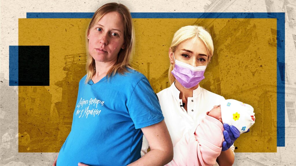 «Это не ваш братик или сестричка». Как украинки во время войны рожают для иностранцев 1 Коллаж из фотографий беременной женщины и медработницы в медицинской маске с грудным ребенком на руках