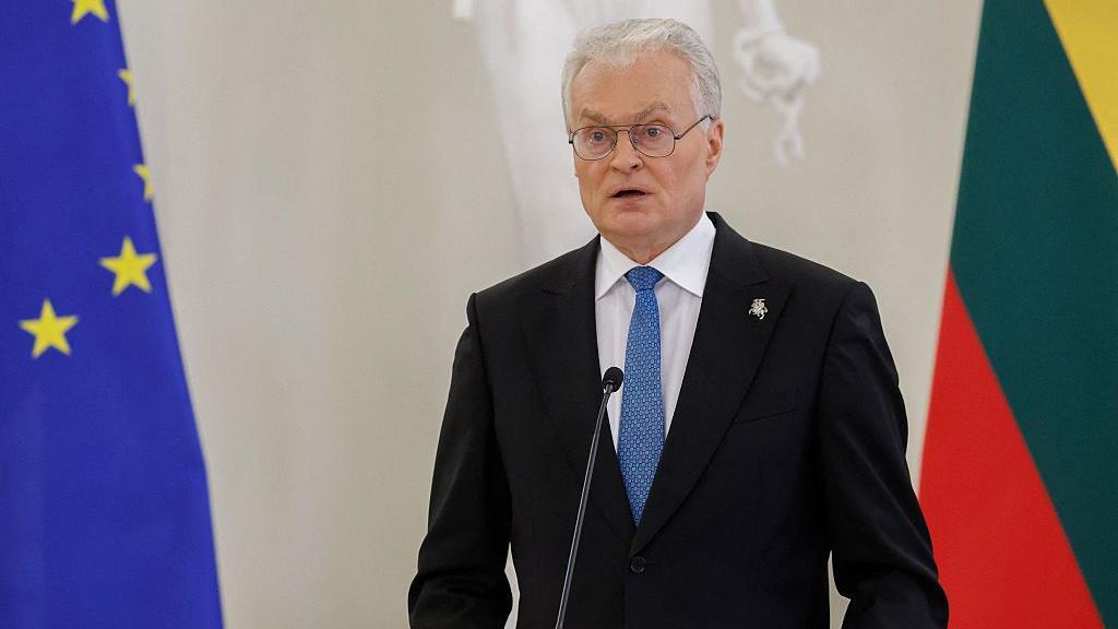 Президент Литвы Гитанас Науседа за трибуной на фоне флагов Литвы и Евросоюза. Он носит очки и гладко выбрит, волосы седые. На нем черный пиджак и белая рубашка с синим галстуком.