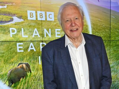 Дэвид Аттенборо на фоне плаката фильма BBC Studios «Планета Земля III»