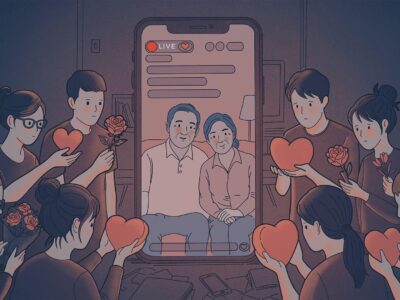 Иллюстрация, на которой изображена пара, ведущая прямой эфир в социальной сети, в окружении грустных молодых людей, подающих инфлюэнсерам сердечки и цветы