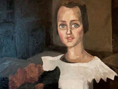 Crop of a painting believed to be Toon Kelder's 'Portrait of a Young Girl' shows a girl in a white dress with black sleeves holding what appears to be a bouquet of red flowers. She has brown hair and blue eyes and is sitting.