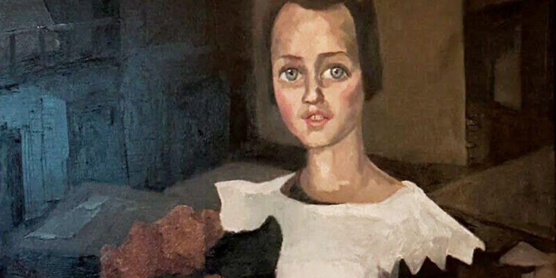 В Нидерландах картину, пропавшую в годы Второй мировой войны, нашли в доме потомков известного коллаборанта 1 Crop of a painting believed to be Toon Kelder's 'Portrait of a Young Girl' shows a girl in a white dress with black sleeves holding what appears to be a bouquet of red flowers. She has brown hair and blue eyes and is sitting.