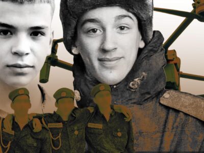 Коллаж: два молодых солдата на фоне силуэтов четверых военных