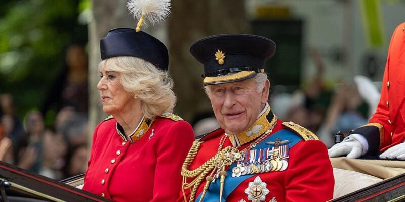 Королева Камилла и король в военной форме сидят в карете во время церемонии Trooping the Colour