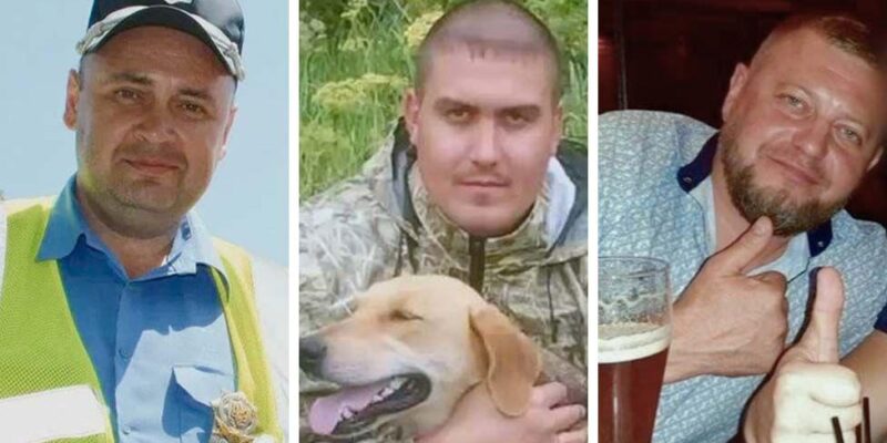 «Ермак», Темербек и другие. Би-би-си выясняла, кто издевался над узниками в российских «пыточных» в Украине 1 Composite image of three men: Temerbek in a blue shirt, hi-vis jacket and cap (left), Spivak in a camouflage jacket holding a dog (centre), and Yeriomichev, with a short beard and a glass of beer (right)