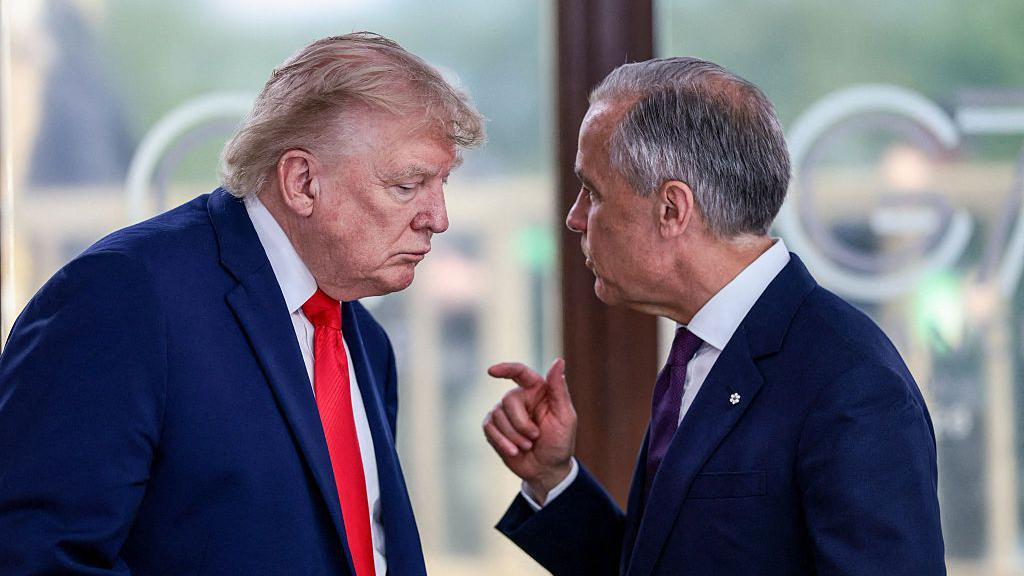 Трамп ввел 50-процентную пошлину на ряд товаров из Канады 1 Президент США Дональд Трамп беседует с премьер-министром Канады Марком Карни во время рабочего обеда в рамках саммита G7 в Эвиане, на востоке Франции, 16 июня 2026 года