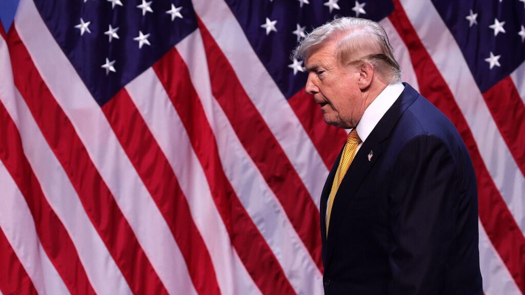 Дональд Трамп на фоне флагов США