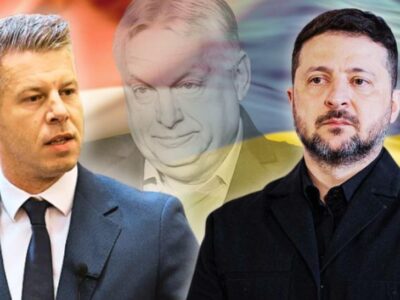 Коллаж - Мадьяр и Зеленский на фоне флагов Украины и Венгрии и полупрозрачного изображения Орбана