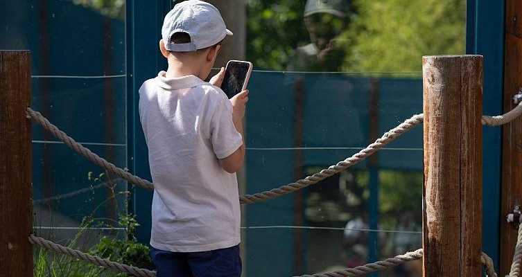 Ребенок стоит у веревочного заграждения в зоопарке, уткнувшись в телефон
