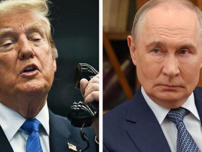 Коллаж: Трамп с телефонной трубкой в руке и Владимир Путин.