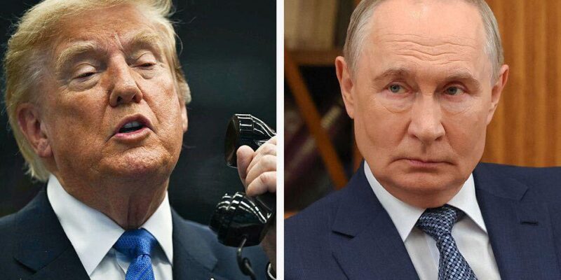 Коллаж: Трамп с телефонной трубкой в руке и Владимир Путин.