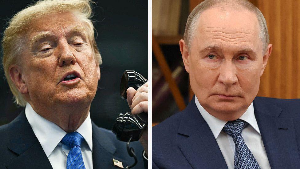 Коллаж: Трамп с телефонной трубкой в руке и Владимир Путин.