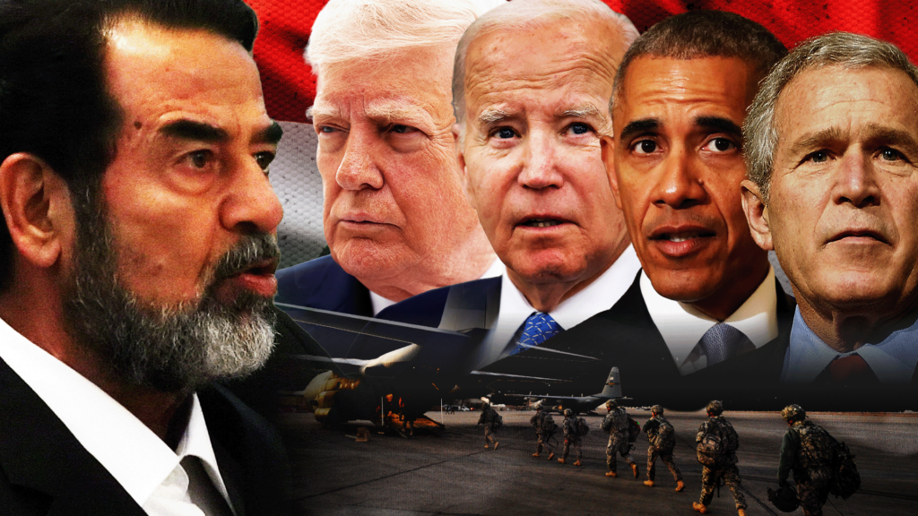 США уходят из Ирака после 20 лет военного присутствия. Что они оставляют после себя и что будет дальше? 1 Изображение, на котором на фоне флага Ирака объединены фотографии бывшего президента Ирака Саддама Хусейна и президентов США: Дональда Трампа, Джо Байдена, Барака Обамы и Джорджа Буша-младшего. В нижней части изображения американские военные идут к самолету.