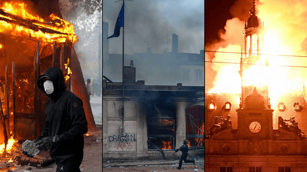 Три фотографии горящих зданий во время протестов во Франции