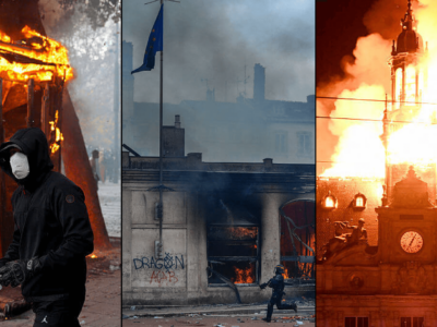 Три фотографии горящих зданий во время протестов во Франции