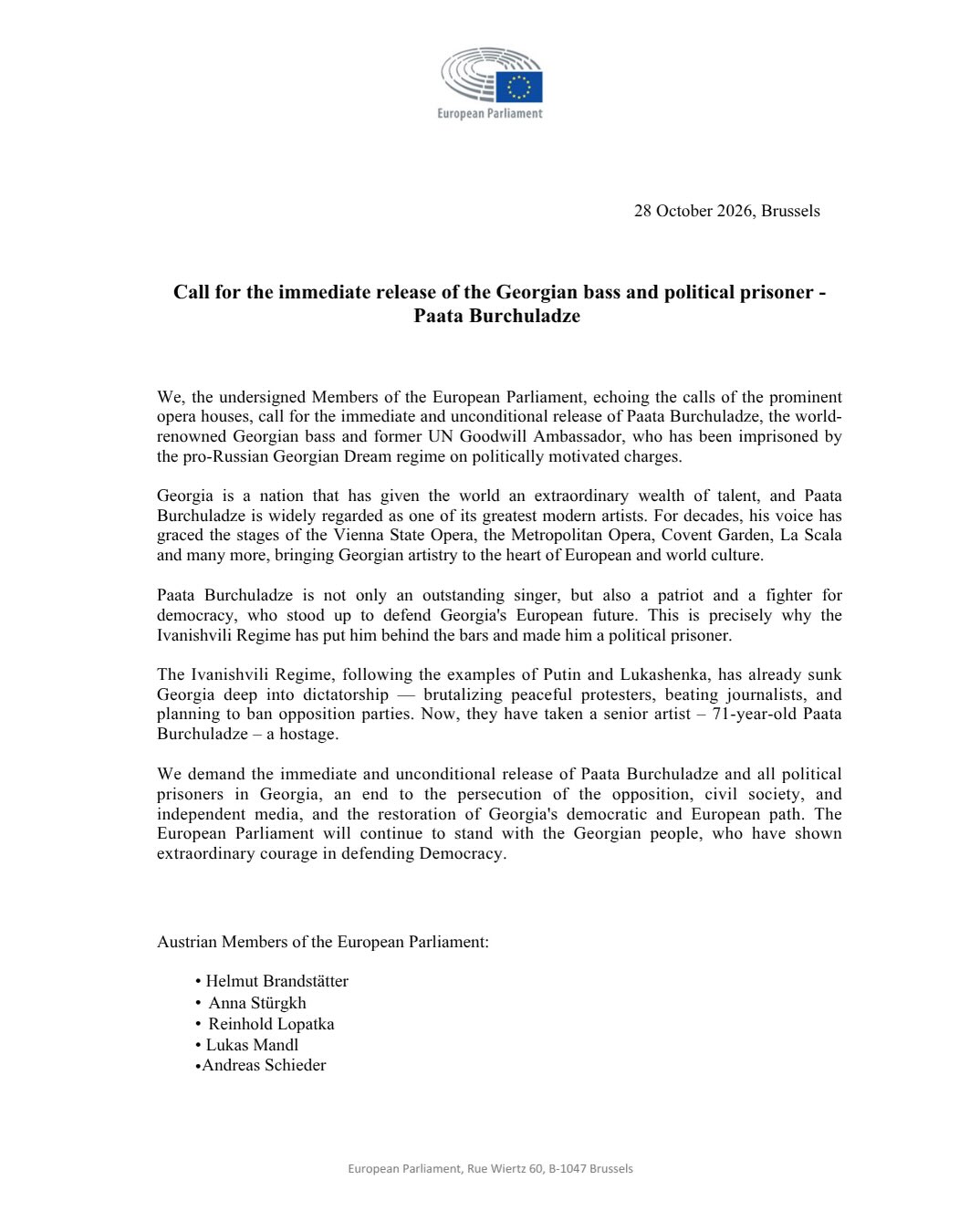 Austrian MEPs Demand Immediate Release of Paata Burchuladze 1 freedom for paata burchuladze ✊🇬🇪europe must not look away when democratic voices are silenced 1 News